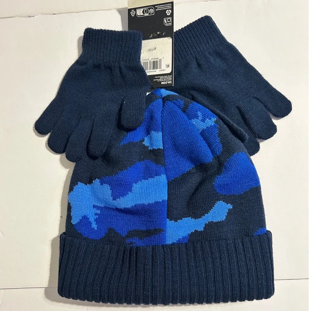 Under Armour Youth Boys Blue Camo Knit Beanie Hat and Glove Set OSFM New